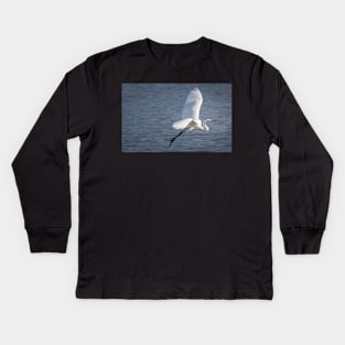 Great Egret Flying Over Water Kids Long Sleeve T-Shirt